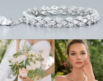 Rhodium Crystal Marquise Bridal Bracelet, Silver Crystal Tennis Wedding Bracelet, FELICITY