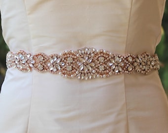 Rose Gold Bridal Sash, LONG Wedding Dress Sash, Rose Gold Crystal Bridal Belt, Crystal Beaded Wedding Belt, Ceinture de Mariée, ALOHA RG