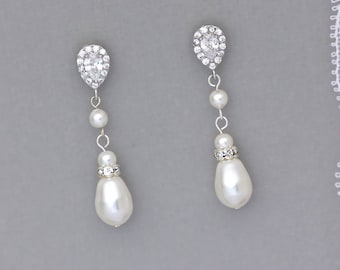 Pearl Drop Earrings, Pearl Dangle Mid Length Bridal Earrings, Clip on Bridal Earrings Option