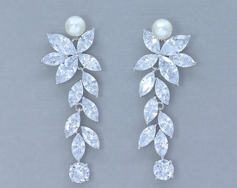 Crystal Chandelier Earrings, Pearl Crystal Bridal Earrings, Crystal Drop Earrings, Marquise Crystal Leafy Drop Bridal Earrings,  MAXIME