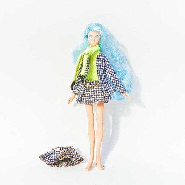 Vintage Flatsy Doll - Dale 1969 Ideal - Blue Hair Long Eyelashes - Complete Oufit Extra Plaid Skirt - Teenage Flatsies - 1960s Doll