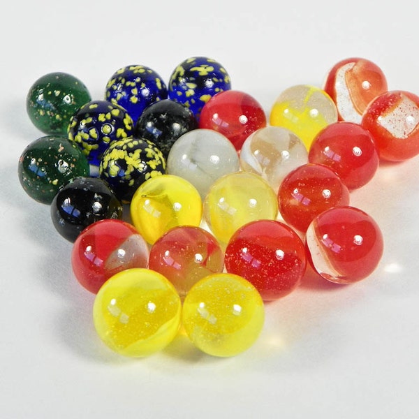 Twenty Four Glass Marbles - Yellow Orange Green Blue Speckled Spotted Swirled - 15mm - Colorful Vintage Playing Marbles