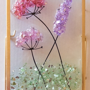 Crushed Glass and Resin Flowers- gold frame stand