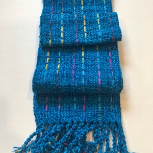 Turquoise blue handwoven chenille scarf with pastel ribbon accents 6 by 72 inches