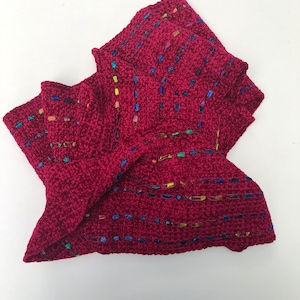 Red chenille scarf handwoven with 6 by 68 inches