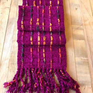 Pink fuchsia handwoven chenille scarf with brown gold orange ribbons  6 by 68 inches