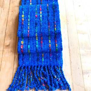 Royal blue handwoven chenille scarf with rainbow ribbon accents 6 by 72 inches