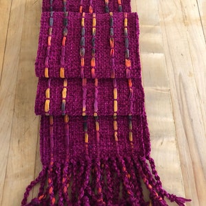 Pink fuchsia handwoven chenille scarf with brown gold orange ribbons  6 by 68 inches