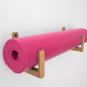 Wooden yoga mat hooks set in two lengths, oak wooden yoga mat holder, wooden pilates mat wall mount,  Wall Mounted Yoga Mat Storage