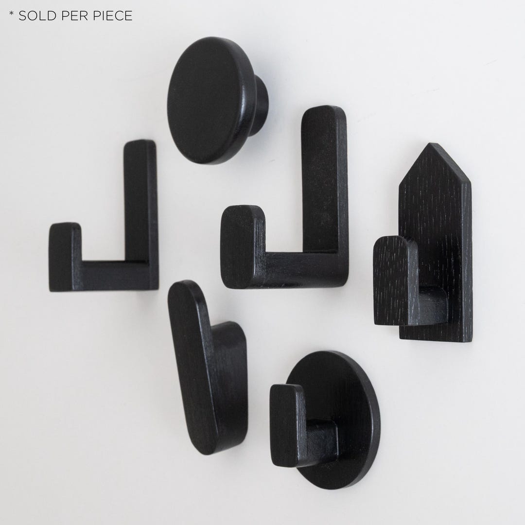 Self-adhesive Beech Wooden Wall Hooks in Black, Large Wall Hook ...