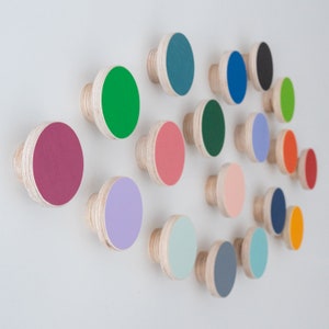 Op de afbeelding: Een verzameling kleurrijke houten wandhaken in diverse maten en tinten, waaronder groen, roze en blauw. De haken zijn bevestigd aan een witte muur, wat een modern en speels designelement creëert. De haken zijn gemaakt van natuurlijk hout, ongeveer 5 cm in diameter.