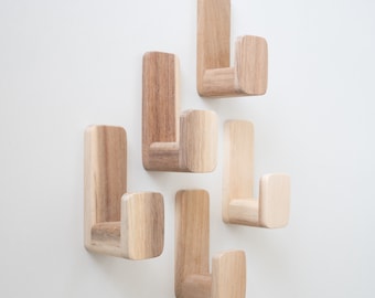 Self-adhesive acacia wooden wall hooks, set of 5 | Scandinavian wall hooks | Minimalist adhesive hooks