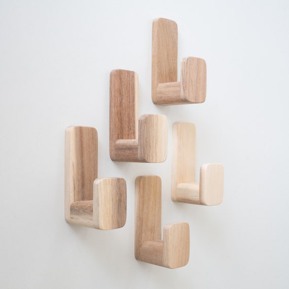 Self-adhesive Acacia Wooden Wall Hooks, Set of 5 Scandinavian Wall