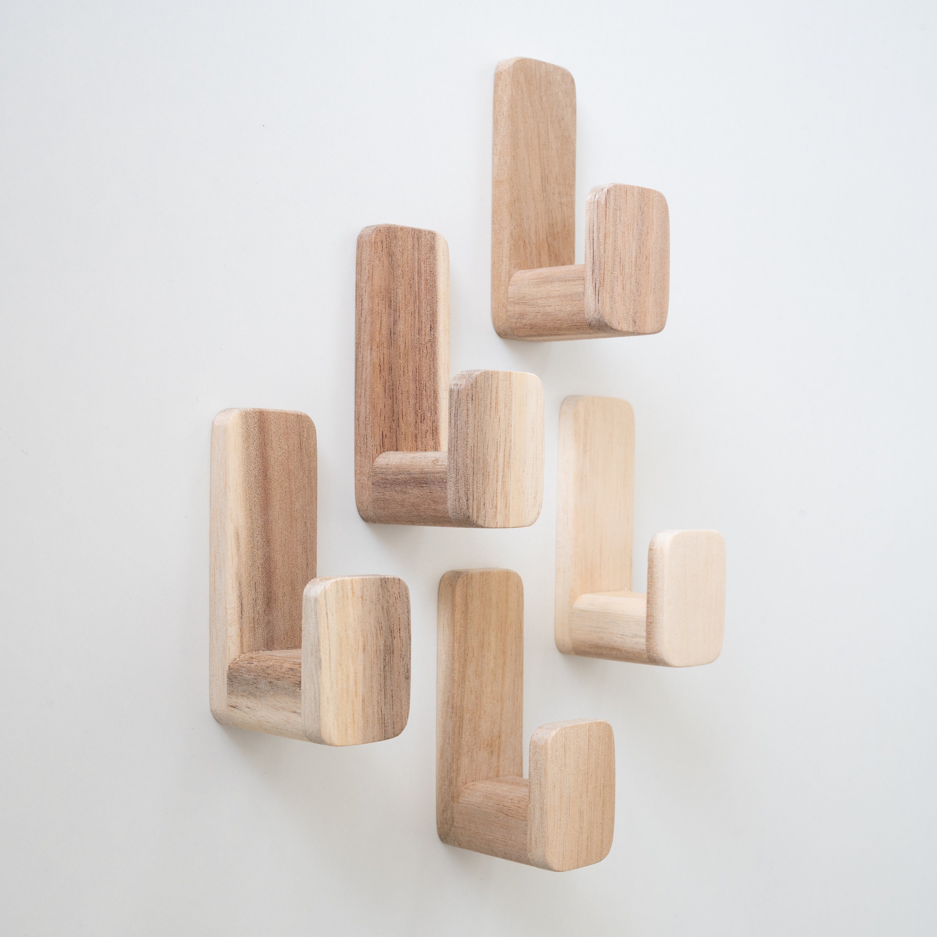 Self-adhesive Acacia Wooden Wall Hooks, Set of 5 Scandinavian Wall Hooks  Minimalist Adhesive Hooks 
