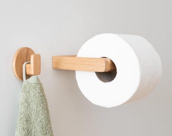 Oak wooden toilet paper holder set with towel hooksoil finished, minimalist adhesive toilet roll holder, wall toilet roll holder
