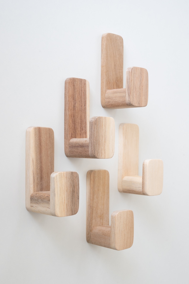 Selbstklebende Wandhaken Akazie Holz, 5er Set Skandinavische Wandhaken Minimalistische Klebehaken Bild 10