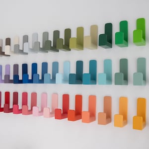 Adhesive colored wall hooks, 40mm length, beech wood, kids room decor, wooden wall hanger