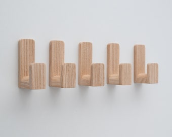 Crochets muraux autocollants en bois de frêne - lot de 5, capacité de charge de 2 kg | patères en bois pour penderie | crochet mural naturel | bouton mural en bois |