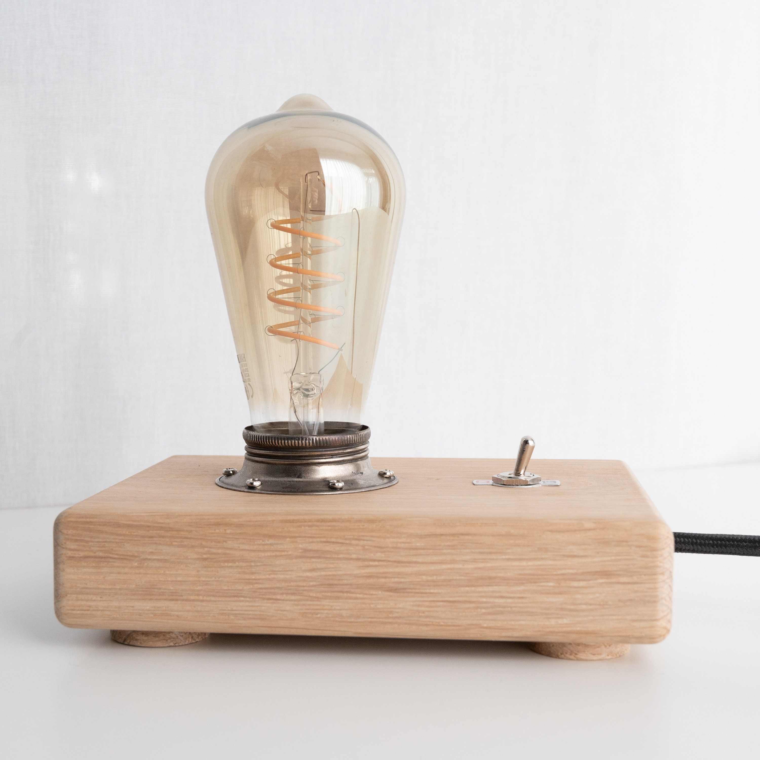 Minimalist Wooden Block Lamp From Solid Oak With Edison LED Bulb