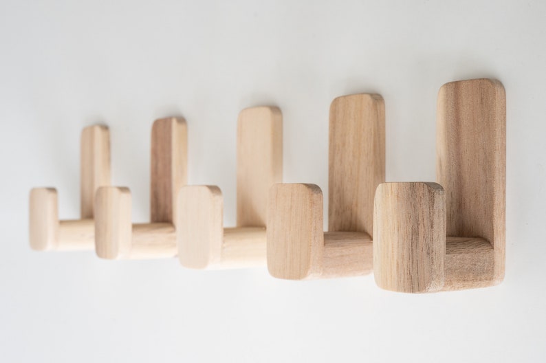 Selbstklebende Wandhaken Akazie Holz, 5er Set Skandinavische Wandhaken Minimalistische Klebehaken Bild 4