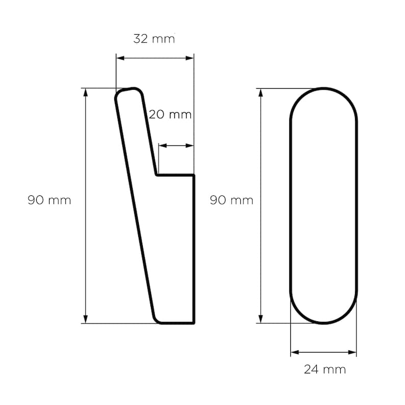 May include: Line drawing of two objects with measurements in millimetres. One object is a hook shape, 90 mm tall, 32 mm wide, and 20 mm deep. The other object is a rounded rectangle, 90 mm tall and 24 mm wide.
