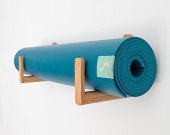 Wooden yoga mat hooks set in two lengths, oak wooden yoga mat holder, wooden pilates mat wall mount,  Wall Mounted Yoga Mat Storage