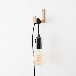 Oak wooden wall hook lamp with fabric power cord | simple wall lamp | hanging wall lamp | minimal wall light | wooden wall sconce