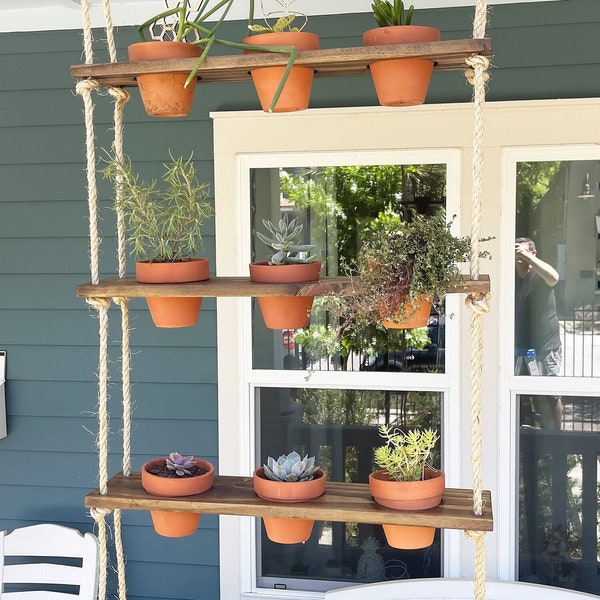 Tiered Plant Shelf for Window Display - Elegant Hanging Rope Shelves, Ideal for Plant Lovers, Mother's Day Gift. Indoor or outdoor shelves