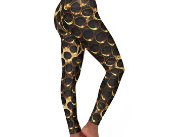 High Waisted Yoga Leggings - Solid Gold with Black Holes Print, Soft & Stretchy for Workout and Casual Wear, Unique Gift for Her