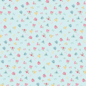 Rosy Cheeks - Welcome Blue - Poppie Cotton - Strawberry Fabric - 1930s Reproduction Fabric - Repro Fabric - Floral White Fabric