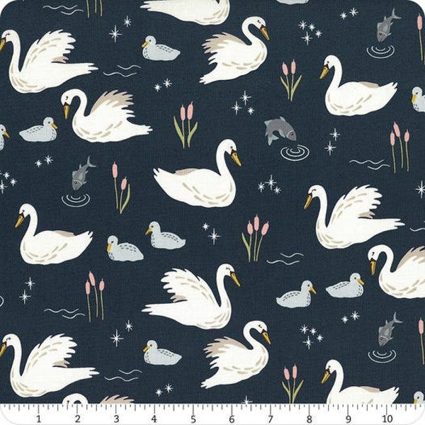 Little Swan - Main on Navy - Swan Fabric - Riley Blake Fabrics - Storybook Fabric- swans - By the Yard