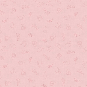 May include: A pink fabric with a repeating pattern of various animals, including a lion, giraffe, elephant, and zebra. The animals are outlined in white and are arranged in a random pattern.