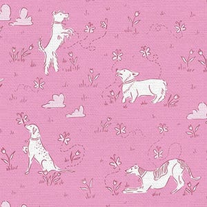 May include: Pink fabric with a repeating pattern of white dogs, butterflies, clouds, and flowers. The dogs are in various poses, including standing, sitting, and chasing butterflies. The design has a whimsical, playful feel.