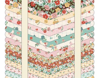 May include: A stack of floral fabric squares tied with a cream ribbon. The fabric features various floral patterns in red, blue, yellow, and pink. The stack is arranged in a neat, organized manner, showcasing the variety of designs.