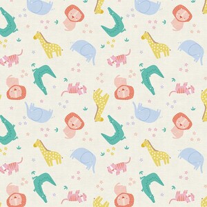 May include: A seamless pattern featuring a variety of colorful animals, including giraffes, elephants, lions, crocodiles, and tigers. The animals are set against a light beige background with small pink and yellow flowers.