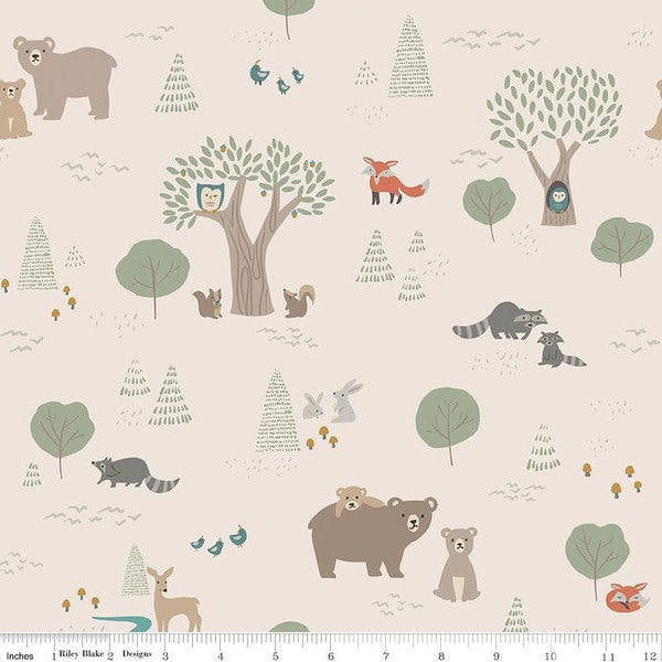 Elmer & Eloise- Woodgrain Sage - Forest Fabric - Fabric - Riley Blake Fabrics- Childrens Fabric - Woodland Fabric - Bear Fabric