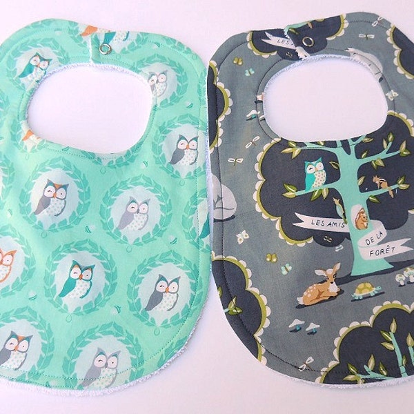 Owl Bibs - Les Amis Baby Bibs - Forest Animals Bibs - Woodsy Theme Baby Bibs - Gray and Aqua Bibs