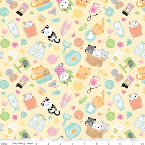 May include: A repeating pattern on a light yellow background featuring cartoon cats, fish, food, toys, and accessories. The design includes milk bottles, cat food, fishbowls, and paw prints. The text "Riley Blake Designs" is visible.