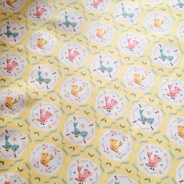 Finding Wonder- Tweeting Yellow - Poppie Cotton - Birdie Fabric - 1930s Reproduction Fabric - Repro Fabric - Blue Birds