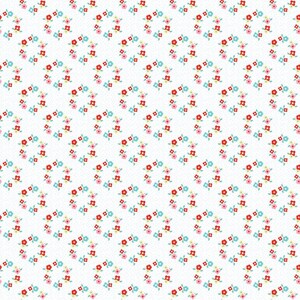 Market Day- Floral Wreath White- Poppie Cotton - Strawberry Fabric - 1930s Reproduction Fabric - Repro Fabric - Floral Red Aqua