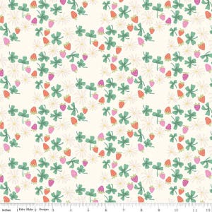 May include: A white fabric with a repeating pattern of green four-leaf clovers, pink and orange strawberries, and white flowers.