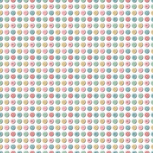 May include: A repeating pattern of colorful buttons in pastel shades of pink, blue, yellow, and green. The buttons are round with four holes and a slight shadow, arranged on a white background.