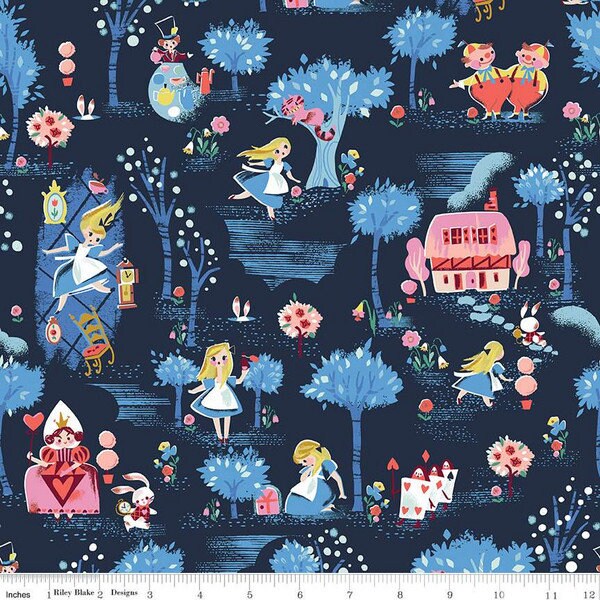 Down the Rabbit Hole - Main Navy- Alice in Wonderland Fabric -Riley Blake Fabrics- Fabric by the Yard- Wonderland Fabric - Alice Fabric