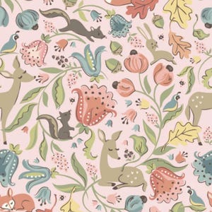 May include: A whimsical pattern featuring woodland creatures and floral elements on a soft pink background. The design includes deer, foxes, squirrels, rabbits, birds, and various flowers and leaves in muted colors.