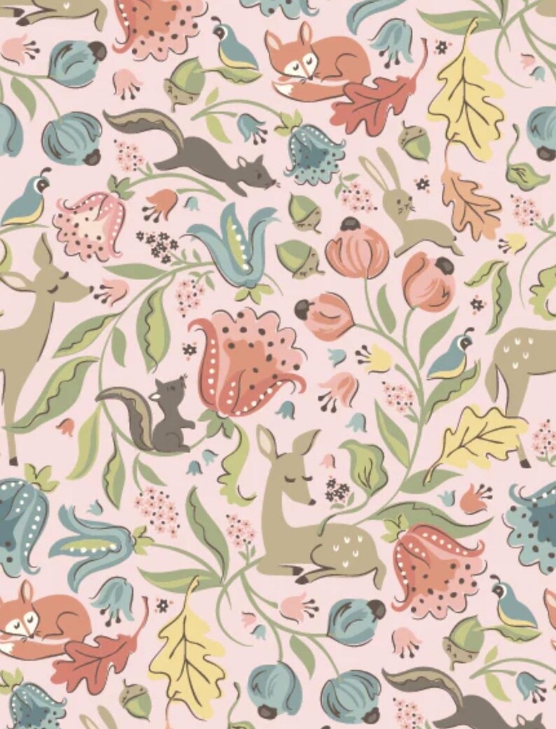May include: A whimsical pattern featuring woodland creatures and floral elements on a soft pink background. The design includes deer, foxes, squirrels, rabbits, birds, and various flowers and leaves in muted colors.
