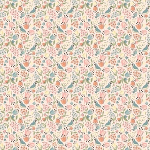 Puede incluir: Un patr&oacute;n repetitivo con p&aacute;jaros, flores y hojas en una paleta de colores suaves. El dise&ntilde;o incluye elementos rosas, azules, amarillos y melocot&oacute;n sobre un fondo crema. El patr&oacute;n floral es adecuado para tela o papel pintado.