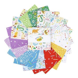 May include: A set of 16 colorful fabric squares featuring a variety of whimsical designs, including animals, crayons, and stars. The squares are arranged in a circular pattern and are perfect for quilting, crafting, or scrapbooking.