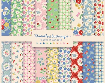 Peut inclure: Une collection d'échantillons de tissu présentant divers motifs floraux, vichy et fruité en rouge, bleu, vert, jaune et rose. Une étiquette centrale indique Bluebells & Buttercups © 2026 BY ELEA LUTZ et Poppie Cotton en bas.