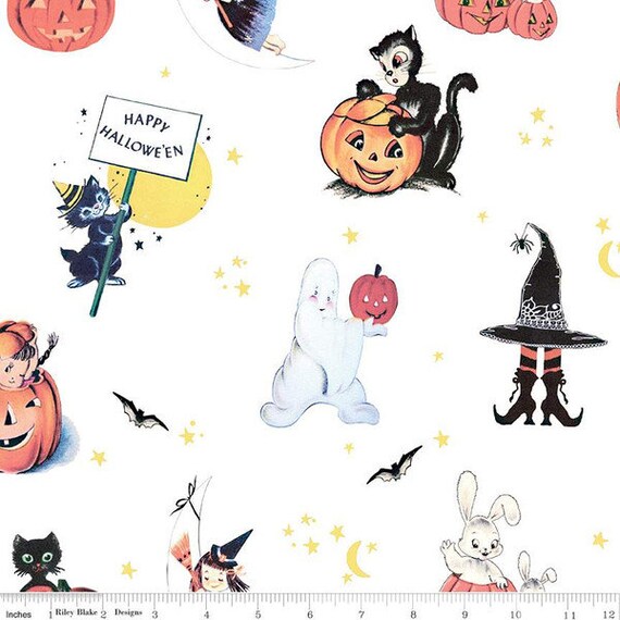 Stoff Fright Delight Main Weiß Halloween Stoff Retro