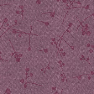 May include: A close-up of a textured, mauve fabric with a repeating pattern of dark pink sprigs and small, round berries. The sprigs have thin, curved stems and are scattered across the surface.